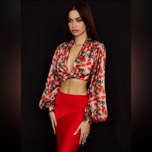HOUSE OF CB Monica Rose Print Satin Plunge Top